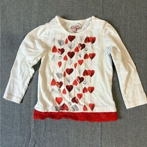 GUESS White Long-Sleeve Top with Red and Gray Heart Print